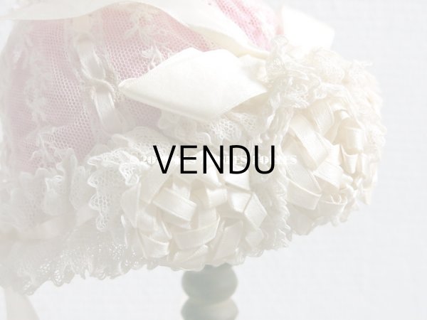 画像10: アンティーク ドール & ベビー用 大きな薔薇のリボンワーク付 シルクリボン＆レースのボネ (10)