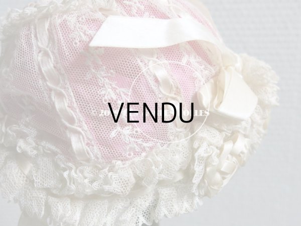 画像14: アンティーク ドール & ベビー用 大きな薔薇のリボンワーク付 シルクリボン＆レースのボネ (14)