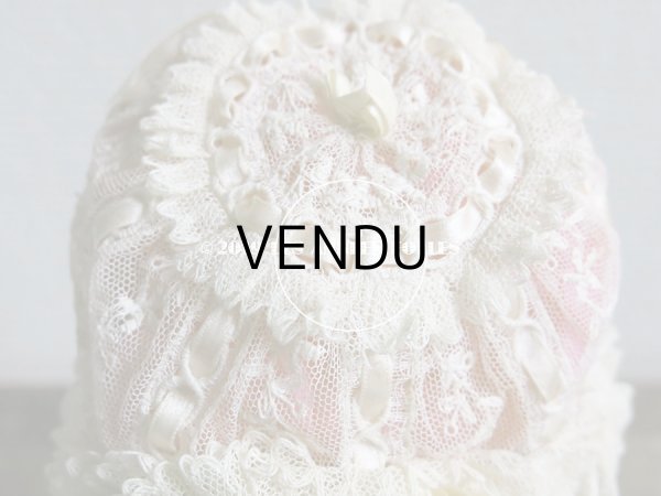 画像15: アンティーク ドール & ベビー用 大きな薔薇のリボンワーク付 シルクリボン＆レースのボネ (15)