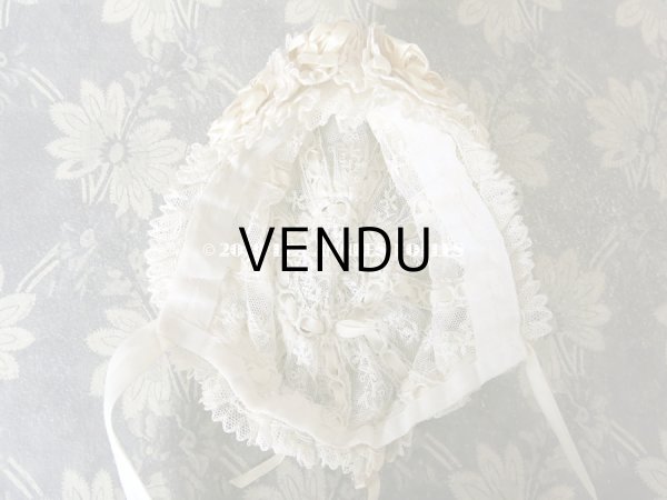 画像9: アンティーク ドール & ベビー用 大きな薔薇のリボンワーク付 シルクリボン＆レースのボネ (9)