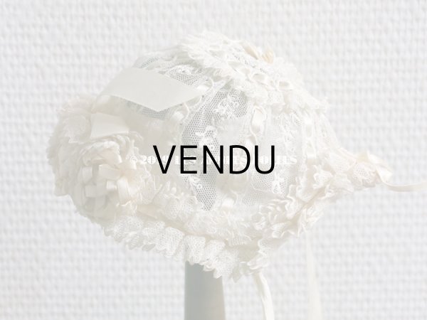 画像7: アンティーク ドール & ベビー用 大きな薔薇のリボンワーク付 シルクリボン＆レースのボネ (7)