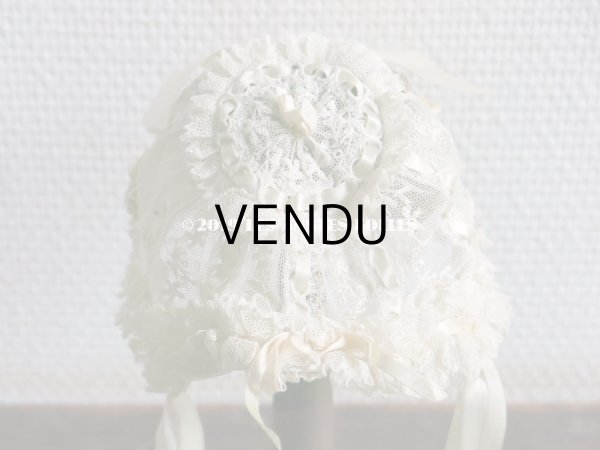 画像8: アンティーク ドール & ベビー用 大きな薔薇のリボンワーク付 シルクリボン＆レースのボネ (8)