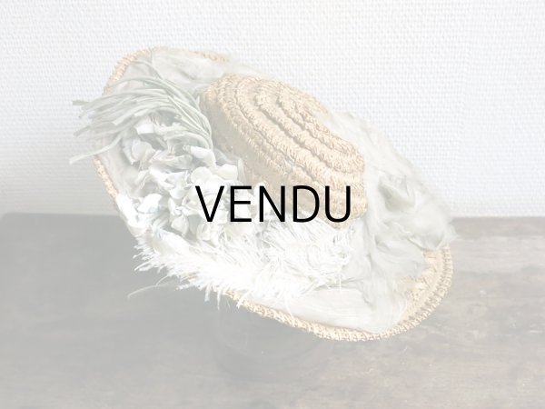 画像6: アンティーク 小さな女の子用 ストローハット 布花＆フェザー＆シルクシフォンのリボン (6)