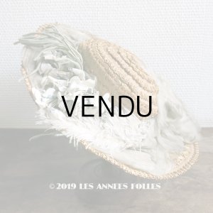 画像: アンティーク 小さな女の子用 ストローハット 布花＆フェザー＆シルクシフォンのリボン