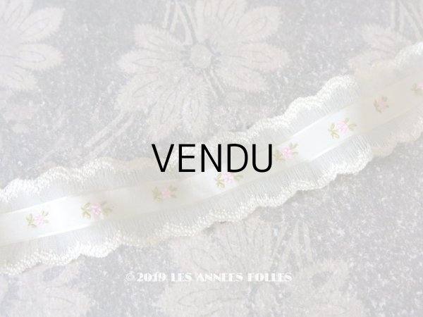 画像1: 1850年代 アンティーク シルク製リボン ピンクの小さな花の刺繍入り 85cm (1)