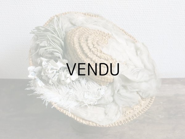 画像4: アンティーク 小さな女の子用 ストローハット 布花＆フェザー＆シルクシフォンのリボン (4)