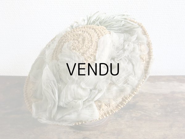 画像3: アンティーク 小さな女の子用 ストローハット 布花＆フェザー＆シルクシフォンのリボン (3)