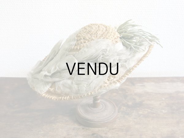 画像5: アンティーク 小さな女の子用 ストローハット 布花＆フェザー＆シルクシフォンのリボン (5)