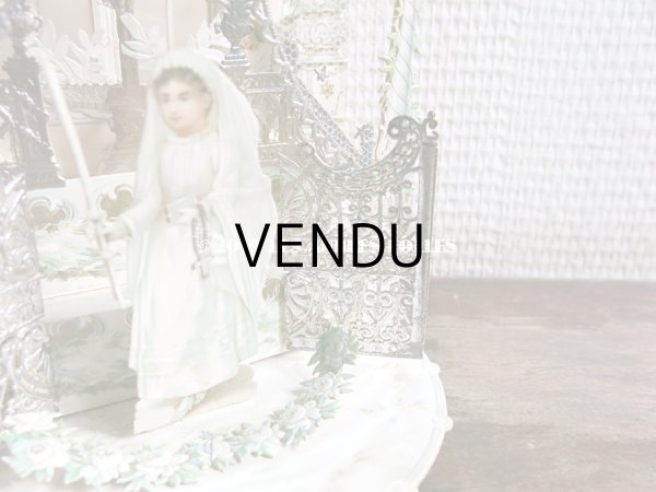 画像16: アンティーク  初聖体の立体カニヴェ コミュ二オンの少女 天使と白薔薇の教会 ポップアップ クロモ (16)