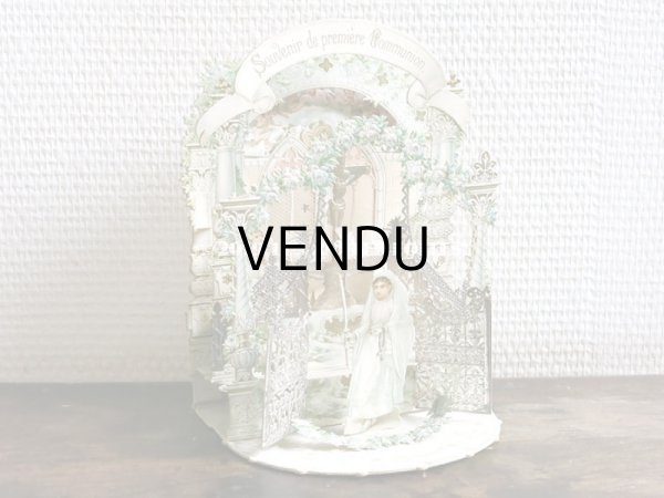 画像3: アンティーク  初聖体の立体カニヴェ コミュ二オンの少女 天使と白薔薇の教会 ポップアップ クロモ (3)