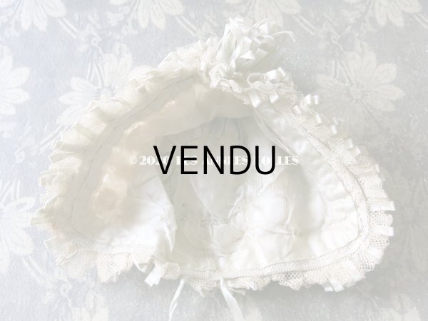 画像9: アンティーク ドール＆ベビー用 レースのボネ パウダーブルー・グリーンのシルクリボン (9)