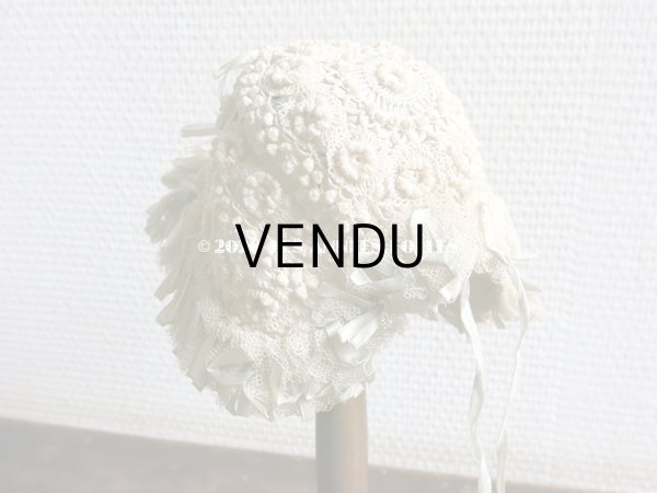 画像11: アンティーク ドール＆ベビー用 レースのボネ パウダーブルー・グリーンのシルクリボン (11)