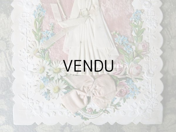 画像5: アンティーク  初聖体の大きなカニヴェ ピンクのリボン＆薔薇のフレーム  ホーリーカード プルミエール・コミュ二オン (5)