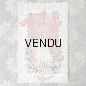 画像: アンティーク  初聖体の大きなカニヴェ ピンクのリボン＆薔薇のフレーム  ホーリーカード プルミエール・コミュ二オン