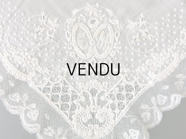 画像6:  19世紀 アンティーク  結婚式のハンカチ イニシャル【CH】 ホワイトワーク & 手編みのヴァランシエンヌレース (6)