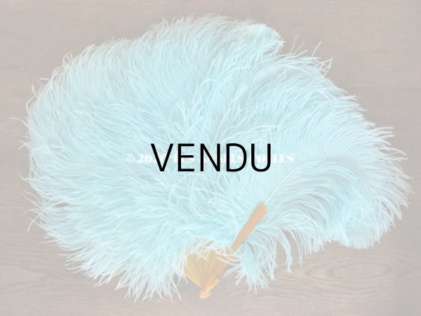 画像5: 1900年代 アンティーク 王冠付き 大きなファン  ブルーのフェザー (5)