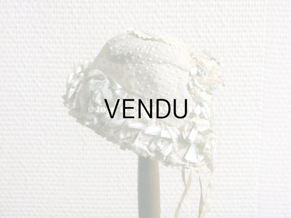 画像3: アンティーク ドール & ベビー用ボネ 水色のリボン＆花模様と水玉の刺繍入り (3)