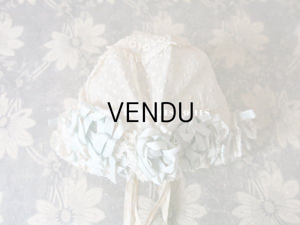 画像4: アンティーク ドール & ベビー用ボネ 水色のリボン＆花模様と水玉の刺繍入り (4)