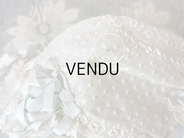 画像8: アンティーク ドール & ベビー用ボネ 水色のリボン＆花模様と水玉の刺繍入り (8)