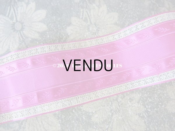 画像3: 19世紀末 アンティーク  レースの縁取り シルク製 リーフ柄のリボン 　6.1cm幅 150cm パープル＆フューシャピンク (3)