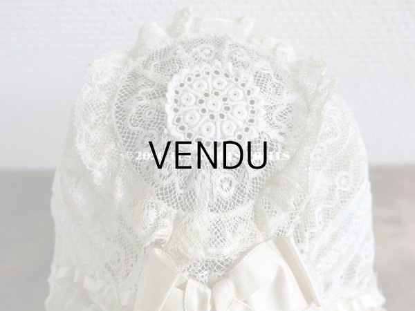 画像7: アンティーク バテム用　レースのボネ オフホワイトのシルクリボン (7)