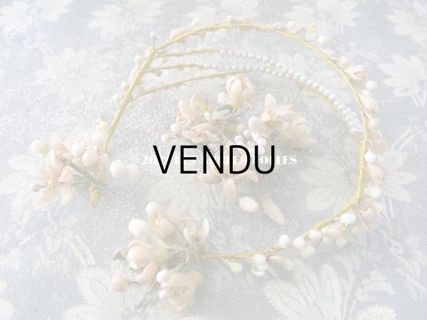 画像16: 19世紀末 アンティーク 大きなコフレ&ティアラ  グローブ・ド・マリエ 淡いピンクオレンジのクッション ワックスフラワーのティアラ (16)