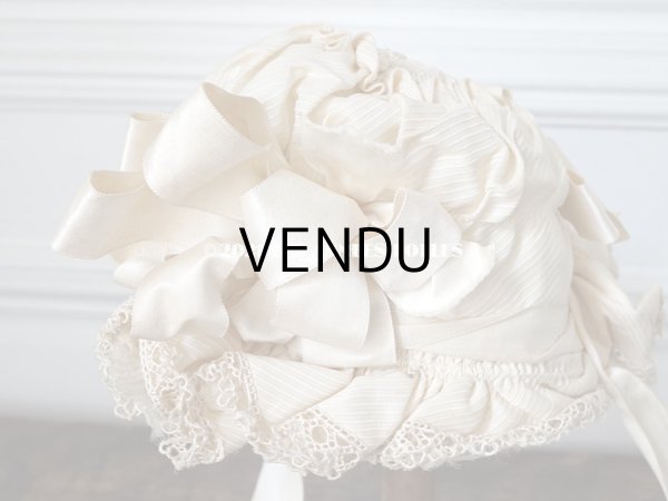 画像9: アンティーク シルク製 小さな女の子用 帽子 クリーム色 大きなリボン (9)