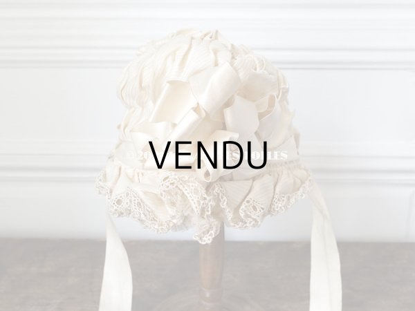 画像8: アンティーク シルク製 小さな女の子用 帽子 クリーム色 大きなリボン (8)