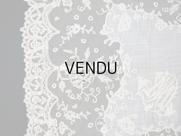 画像8: 19世紀 アンティーク イニシャル・モノグラム刺繍入り 結婚式のハンカチ アプリカシオン・アングルテール (ボビンレース)　 (8)