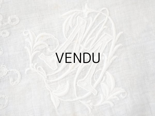 画像17: 19世紀 アンティーク イニシャル・モノグラム刺繍入り 結婚式のハンカチ アプリカシオン・アングルテール (ボビンレース)　 (17)