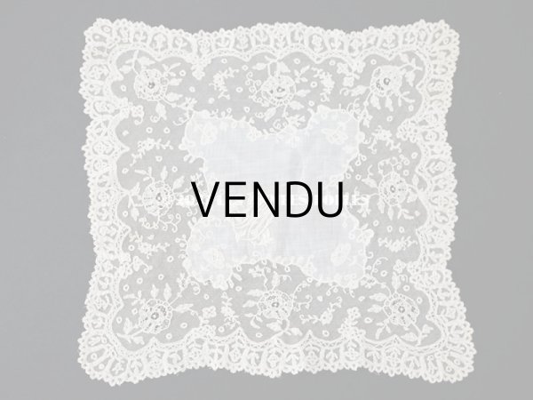 画像3: 19世紀 アンティーク イニシャル・モノグラム刺繍入り 結婚式のハンカチ アプリカシオン・アングルテール (ボビンレース)　 (3)