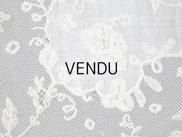 画像14: 19世紀 アンティーク イニシャル・モノグラム刺繍入り 結婚式のハンカチ アプリカシオン・アングルテール (ボビンレース)　 (14)