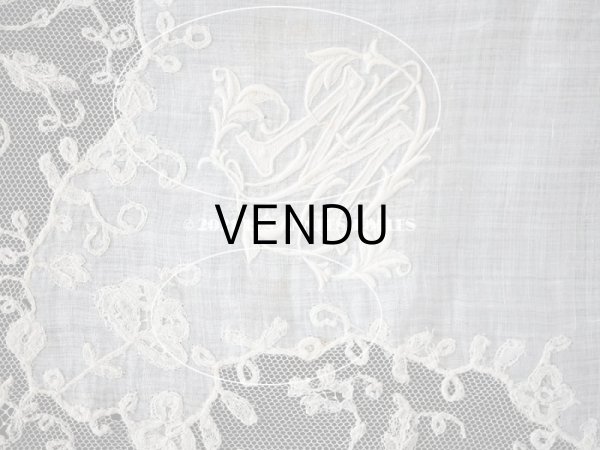 画像13: 19世紀 アンティーク イニシャル・モノグラム刺繍入り 結婚式のハンカチ アプリカシオン・アングルテール (ボビンレース)　 (13)
