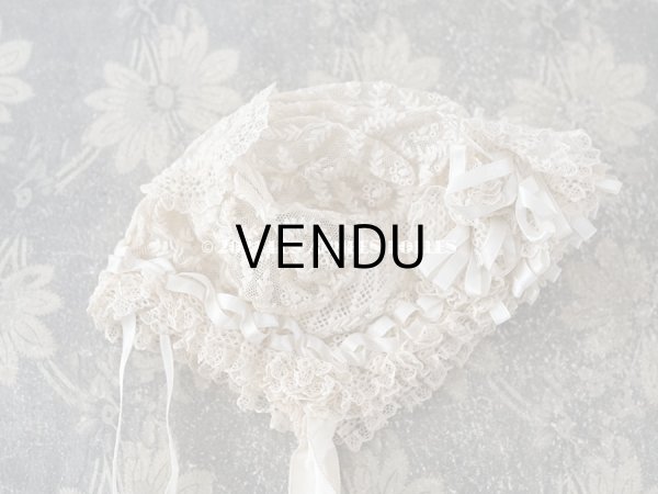 画像6: アンティーク ドール用 小さなボネ オフホワイトのシルクリボン＆手刺繍・手編みのレース (6)