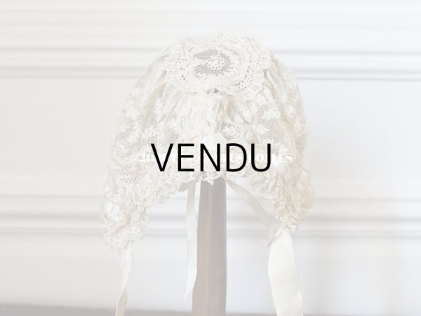 画像7: アンティーク ドール用 小さなボネ オフホワイトのシルクリボン＆手刺繍・手編みのレース (7)