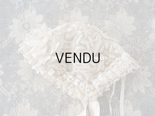 画像5: アンティーク ドール用 小さなボネ オフホワイトのシルクリボン＆手刺繍・手編みのレース (5)