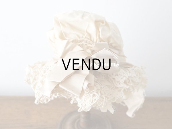 画像5: アンティーク シルク製 小さな女の子用 帽子 アイボリー色 ピンクベージュのリボン＆レース (5)