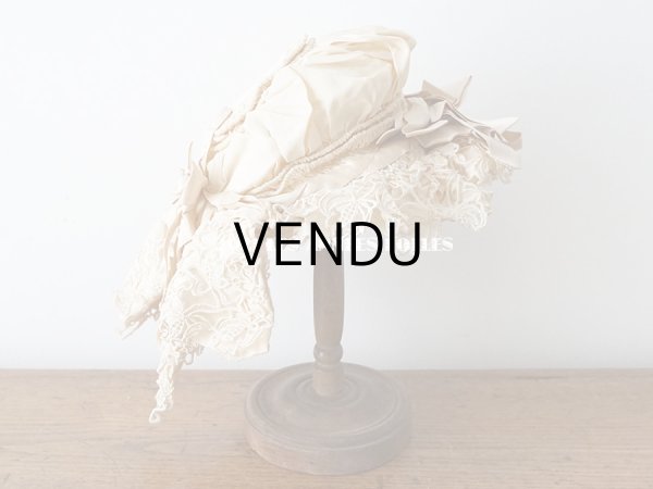 画像3: アンティーク シルク製 小さな女の子用 帽子 アイボリー色 ピンクベージュのリボン＆レース (3)