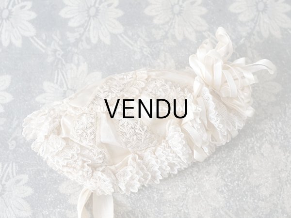 画像8: アンティーク ドール用 小さなボネ オフホワイトのシルクリボン＆レース (8)