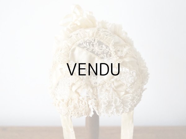 画像3: アンティーク ドール用 小さなボネ オフホワイトのシルクリボン＆レース (3)