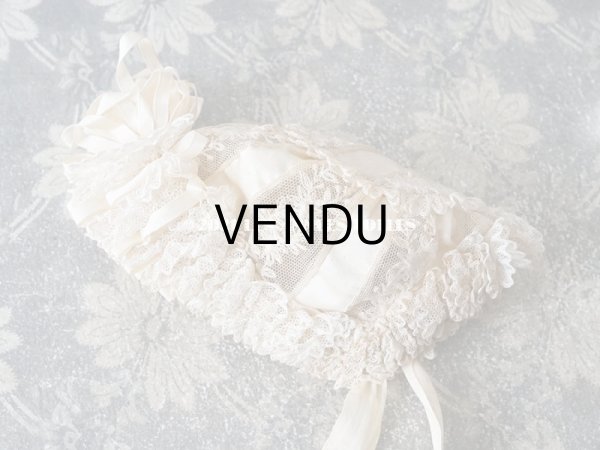 画像9: アンティーク ドール用 小さなボネ オフホワイトのシルクリボン＆レース (9)