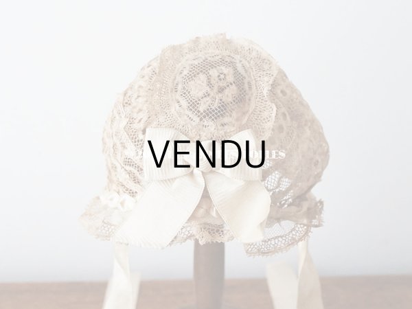 画像8: アンティーク ドール用 ベビー用 小さなボネ アイボリーのシルクリボン＆レース (8)