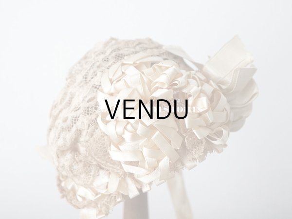 画像3: アンティーク ドール用 ベビー用 小さなボネ アイボリーのシルクリボン＆レース (3)