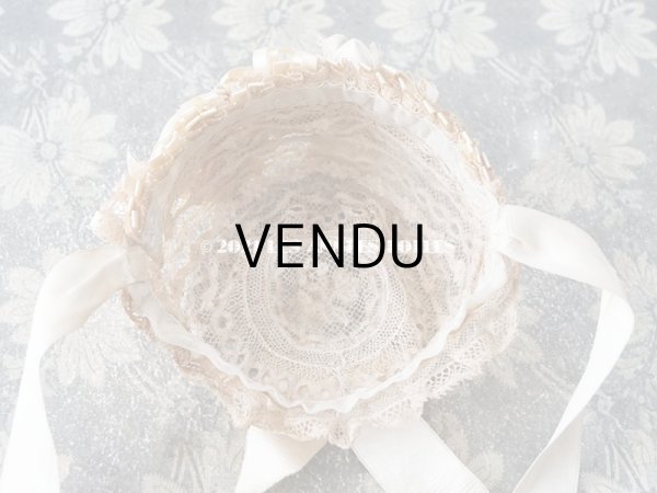 画像12: アンティーク ドール用 ベビー用 小さなボネ アイボリーのシルクリボン＆レース (12)