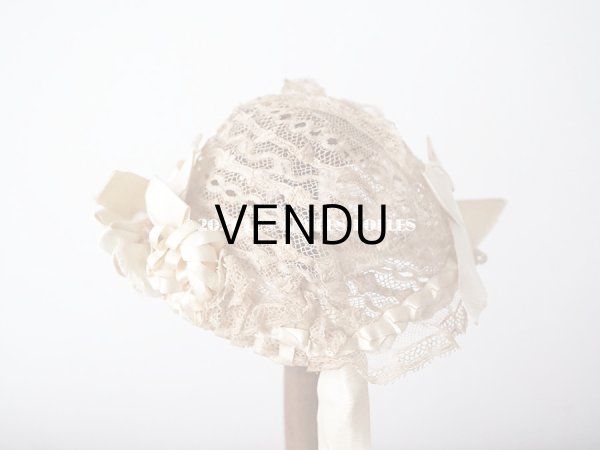 画像5: アンティーク ドール用 ベビー用 小さなボネ アイボリーのシルクリボン＆レース (5)