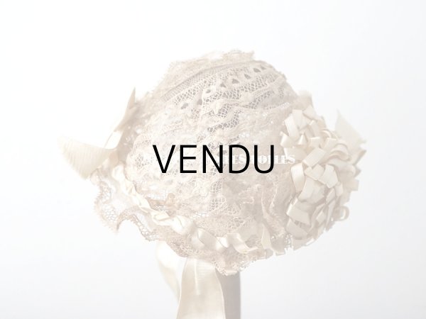 画像6: アンティーク ドール用 ベビー用 小さなボネ アイボリーのシルクリボン＆レース (6)