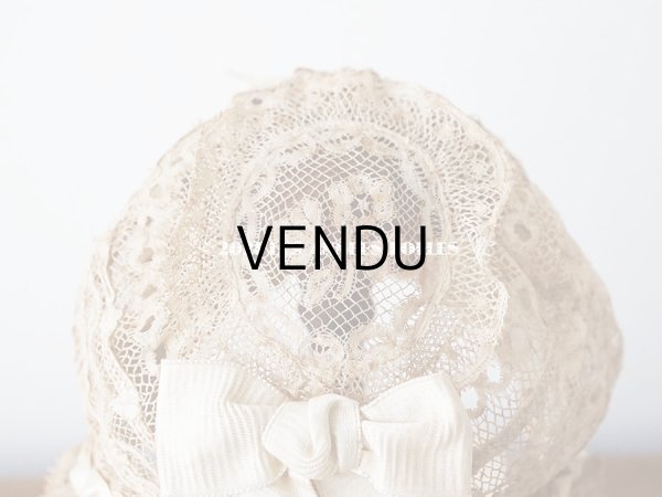 画像9: アンティーク ドール用 ベビー用 小さなボネ アイボリーのシルクリボン＆レース (9)