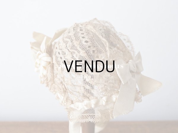 画像7: アンティーク ドール用 ベビー用 小さなボネ アイボリーのシルクリボン＆レース (7)