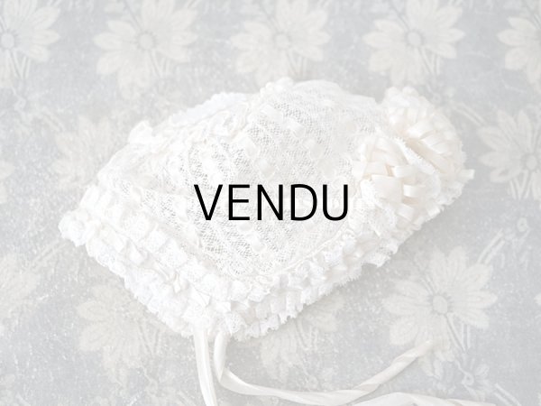 画像16: アンティーク ベビー用　小さなボネ オフホワイトのシルクリボン＆レース (16)