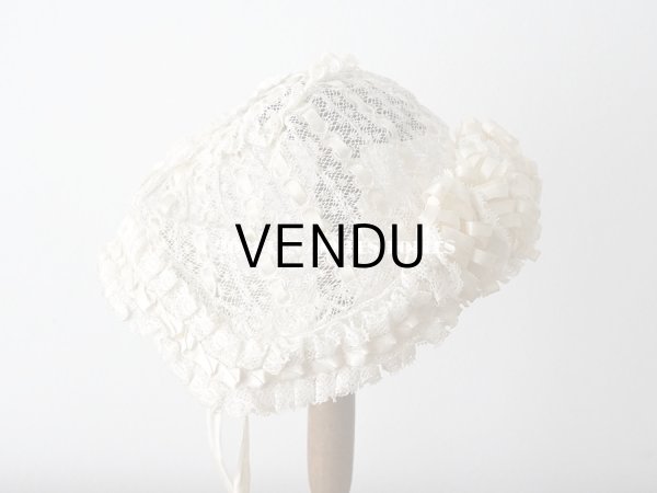 画像3: アンティーク ベビー用　小さなボネ オフホワイトのシルクリボン＆レース (3)